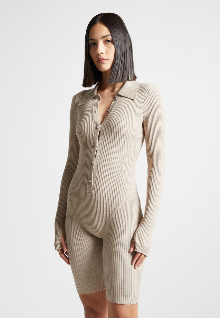 Maniere De Voir Ribbed Knit Long Sleeve Playsuit | Jumpsuits & Playsuits