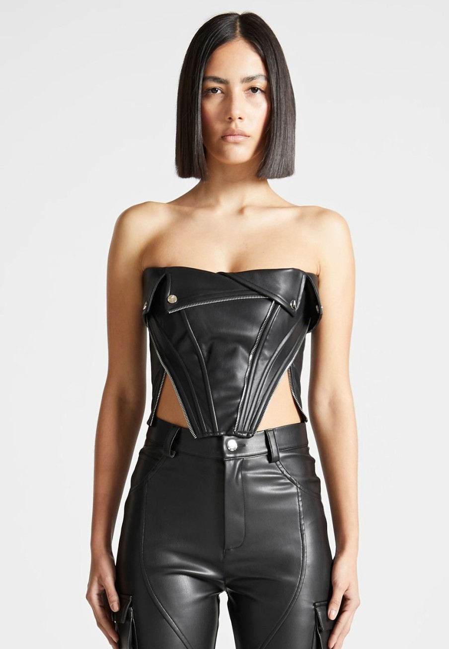 Maniere De Voir Vegan Leather Biker Corset | Tops & T Shirts