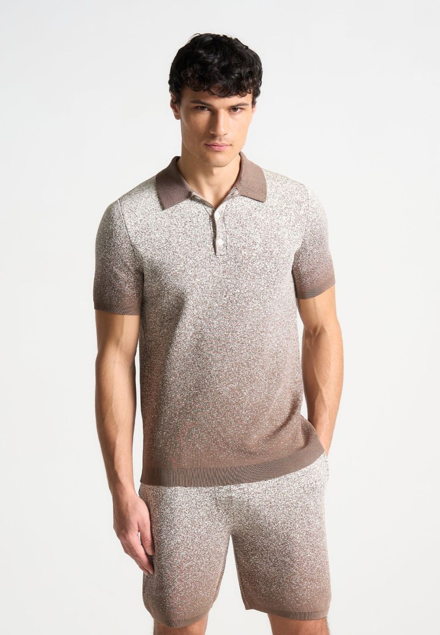 Maniere De Voir Ombre Knit Polo Top - Taupe/White | Polo Tops