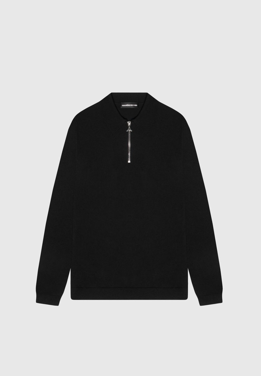 Maniere De Voir Merino Wool Long Sleeve Polo Top With Zip | Polo Tops