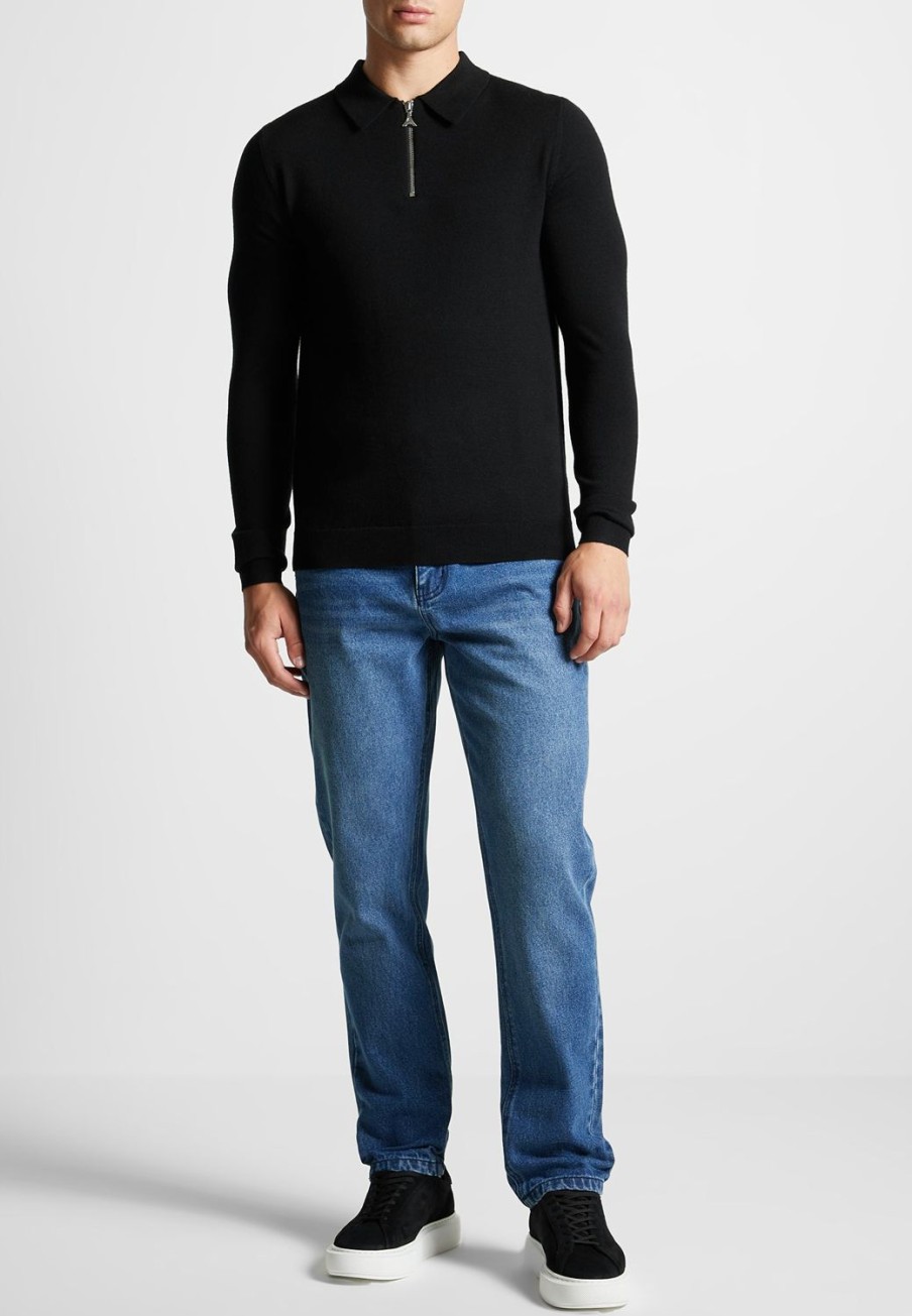 Maniere De Voir Merino Wool Long Sleeve Polo Top With Zip | Polo Tops