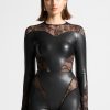 Maniere De Voir Vegan Leather And Lace Contour Bodysuit | Matching Sets