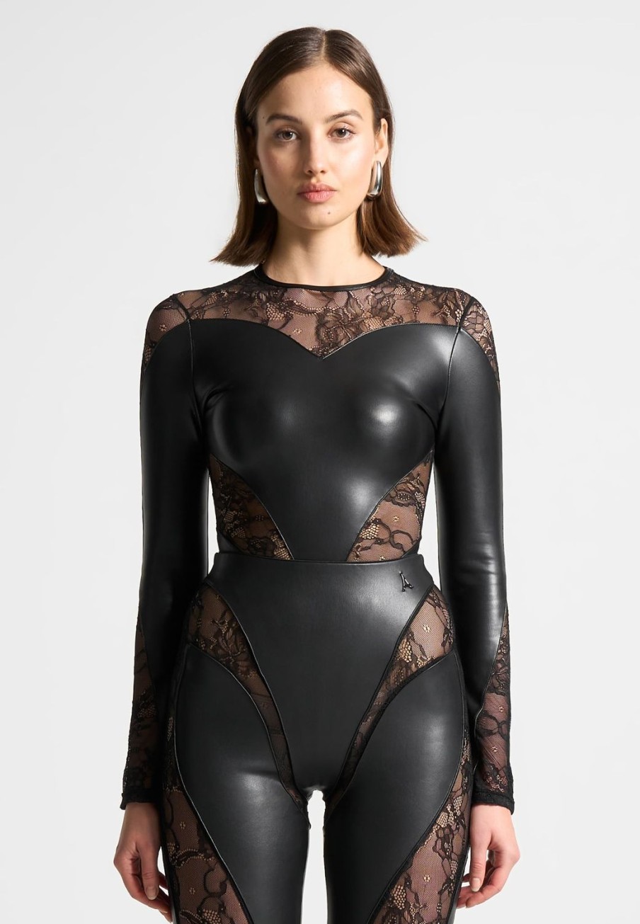 Maniere De Voir Vegan Leather And Lace Contour Bodysuit | Matching Sets