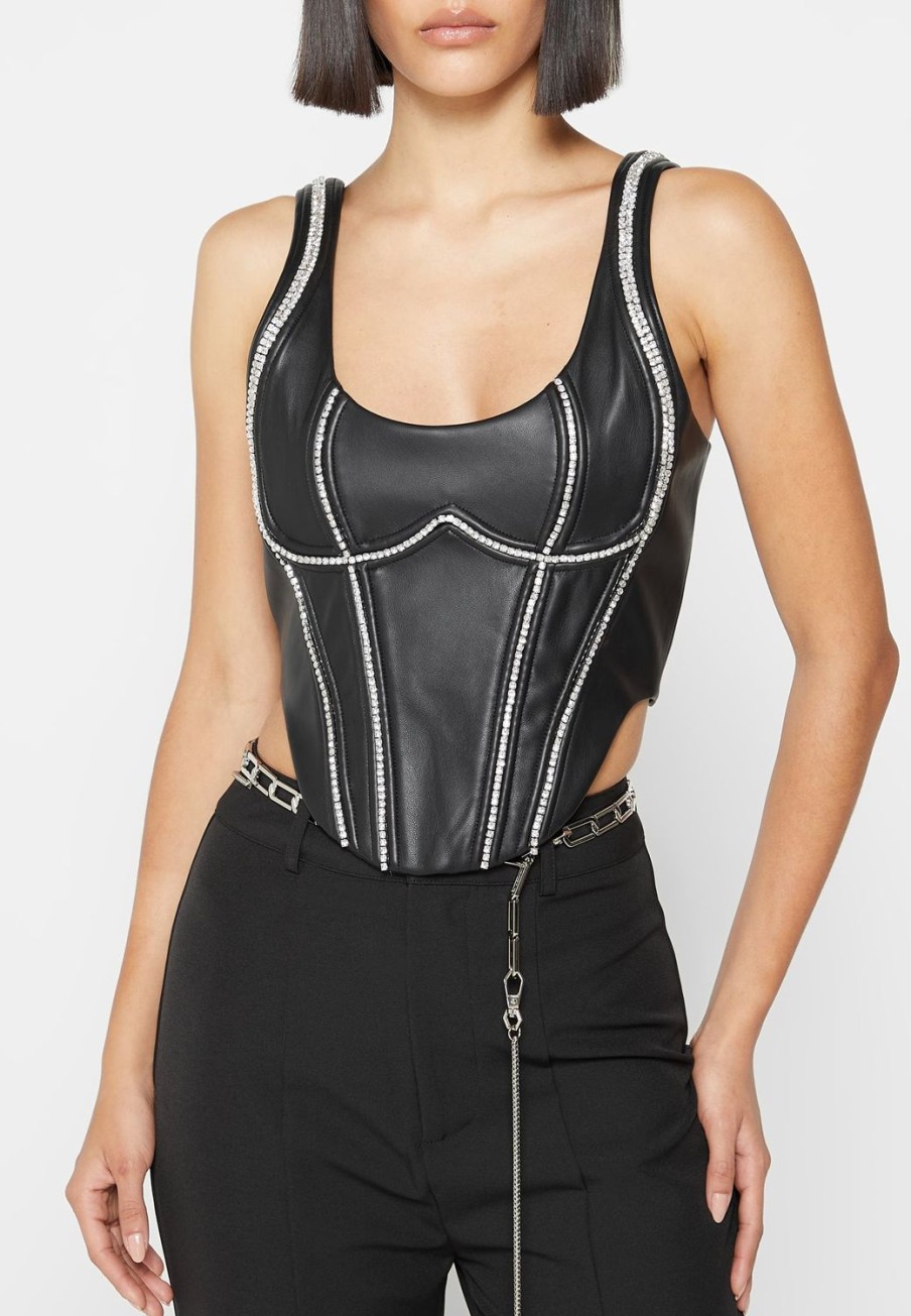 Maniere De Voir Vegan Leather Embellished Corset Top | Tops & T Shirts