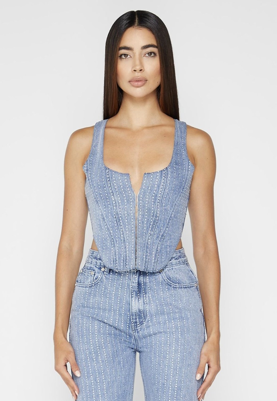 Maniere De Voir Rhinestone Denim Corset | Tops & T Shirts