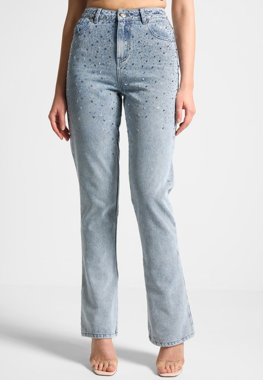 Maniere De Voir Scattered Rhinestone Mini Flare Jeans | Jeans