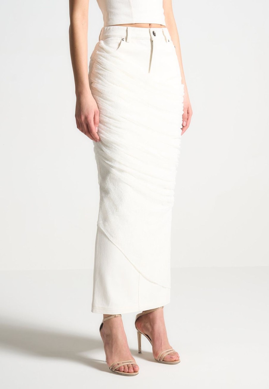 Maniere De Voir Draped Mesh Denim Maxi Skirt | Skirts