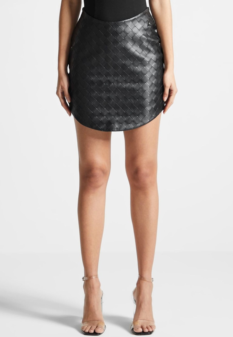 Maniere De Voir Woven Leather Dipped Waist Mini Skirt | Skirts