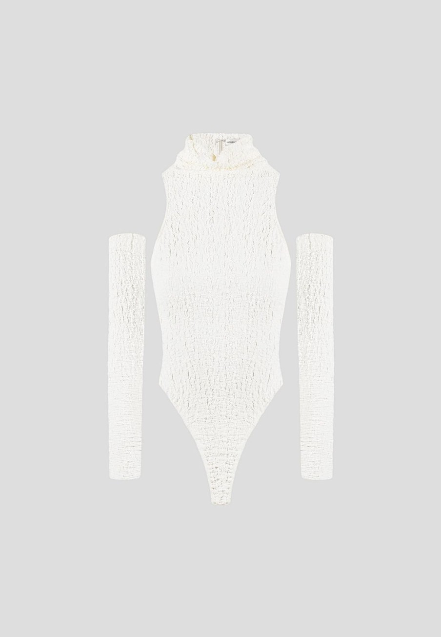 Maniere De Voir Seersucker Cowl Neck Bodysuit | Bodysuits