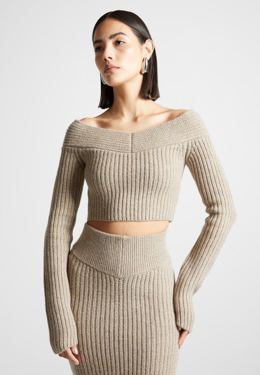 Maniere De Voir Off Shoulder Knit Crop Top | Tops & T Shirts