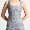 Maniere De Voir Vegan Leather Denim Effect Corset Top | Matching Sets