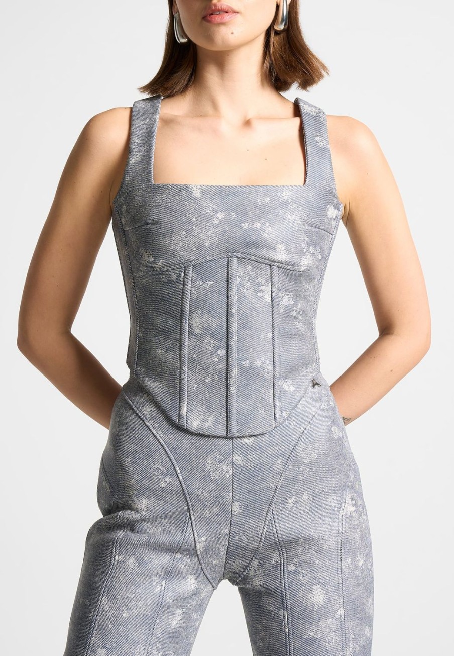 Maniere De Voir Vegan Leather Denim Effect Corset Top | Matching Sets