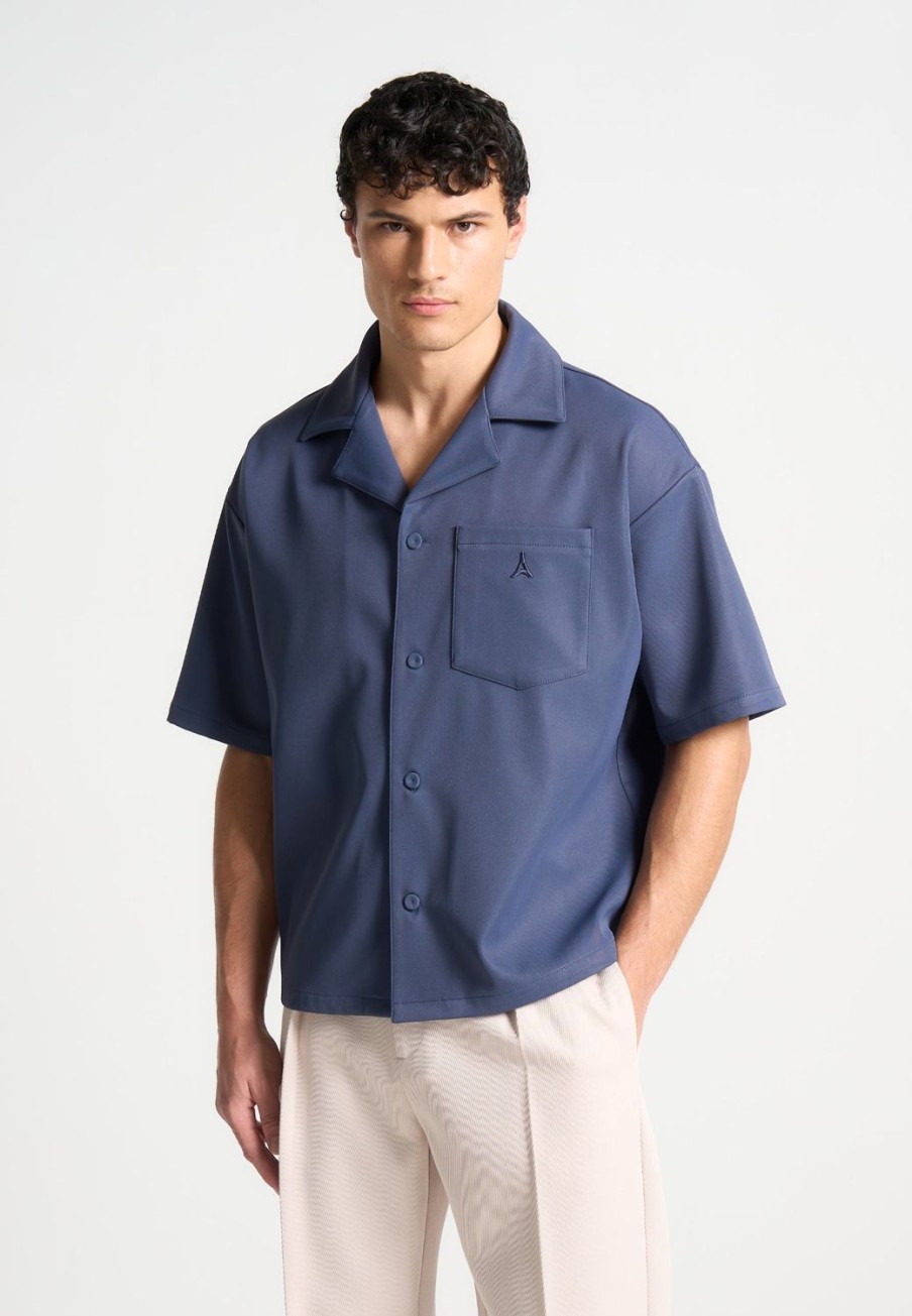 Maniere De Voir Boxy Twill Revere Shirt - Steel Blue | Shirts