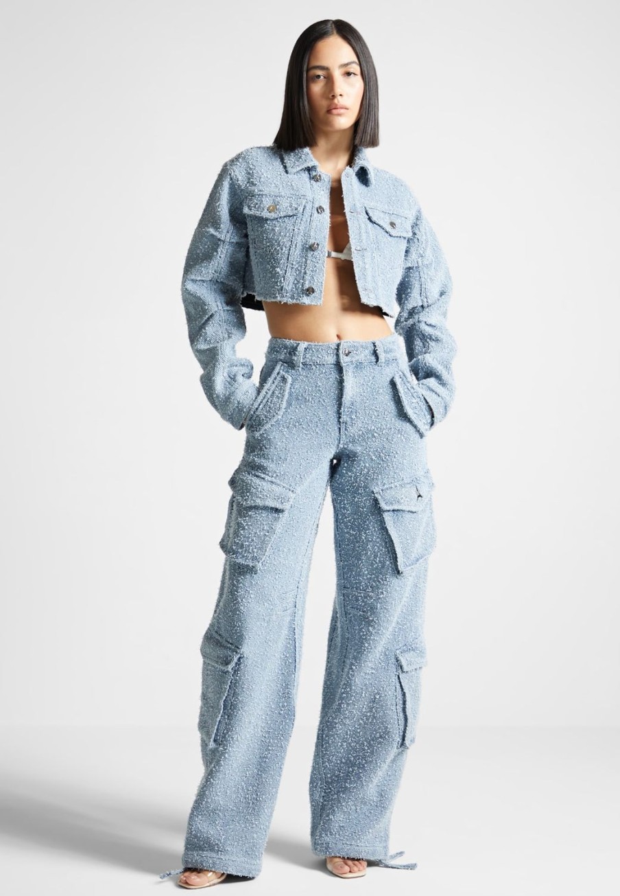 Maniere De Voir High Waisted Boucle Denim Cargo Pants | Matching Sets