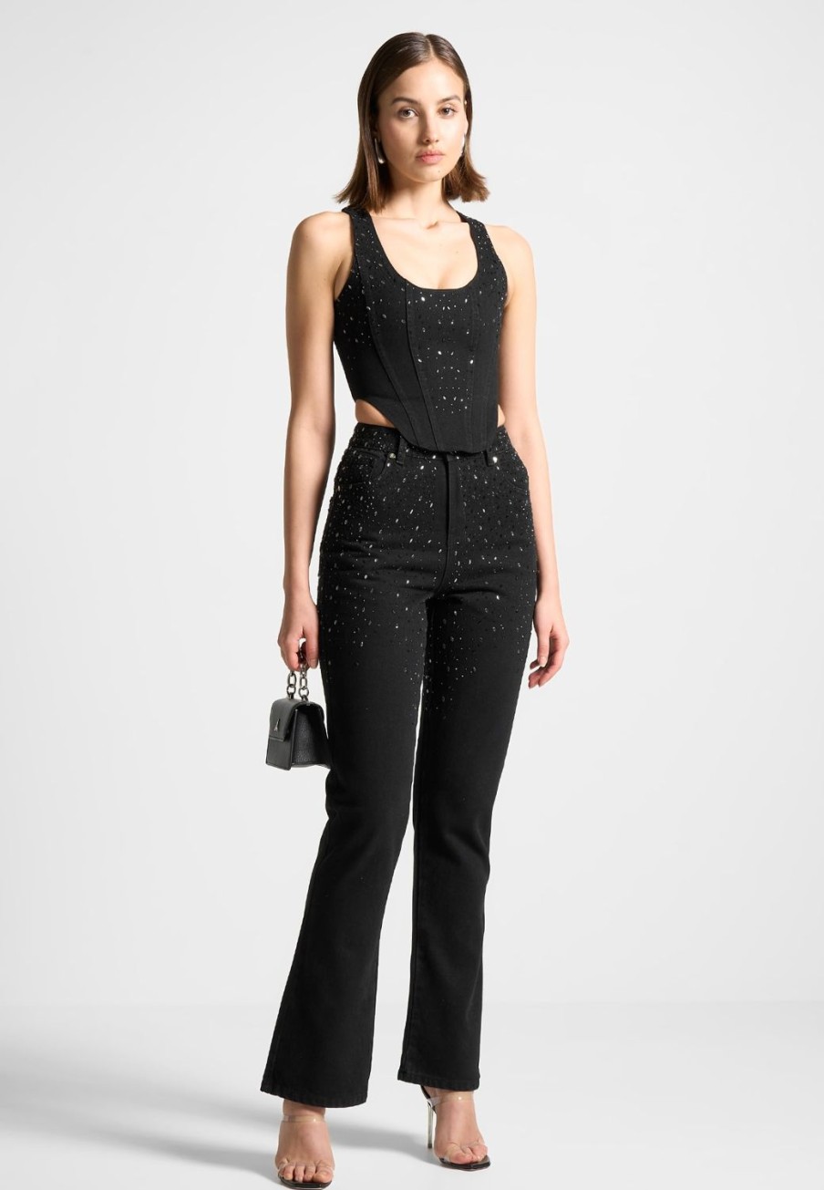 Maniere De Voir Scattered Rhinestone Mini Flare Jeans | Jeans