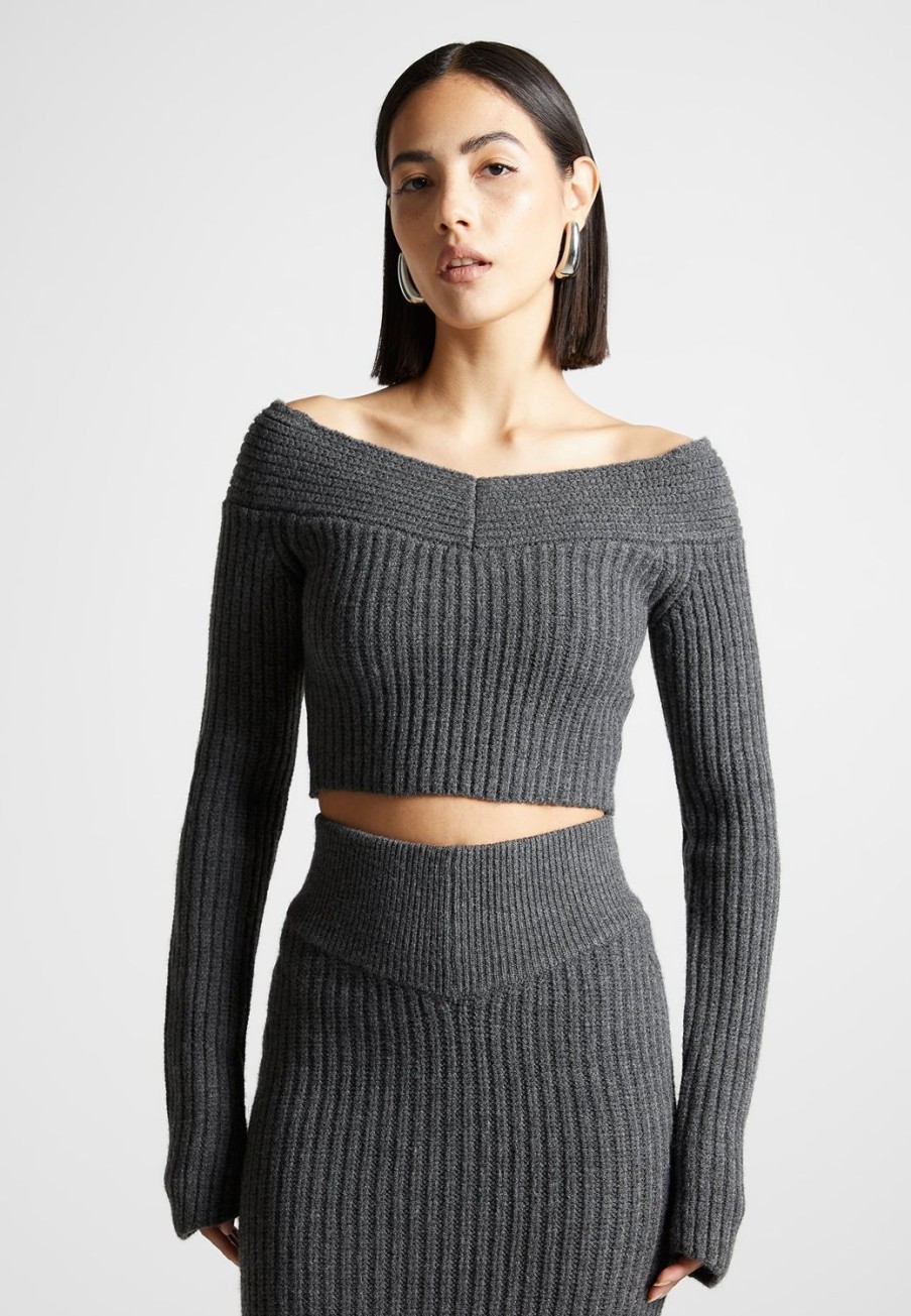 Maniere De Voir Off Shoulder Knit Crop Top | Tops & T Shirts