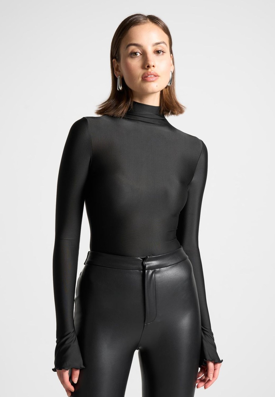 Maniere De Voir Ruffle Cuff Mock Neck Bodysuit | Bodysuits