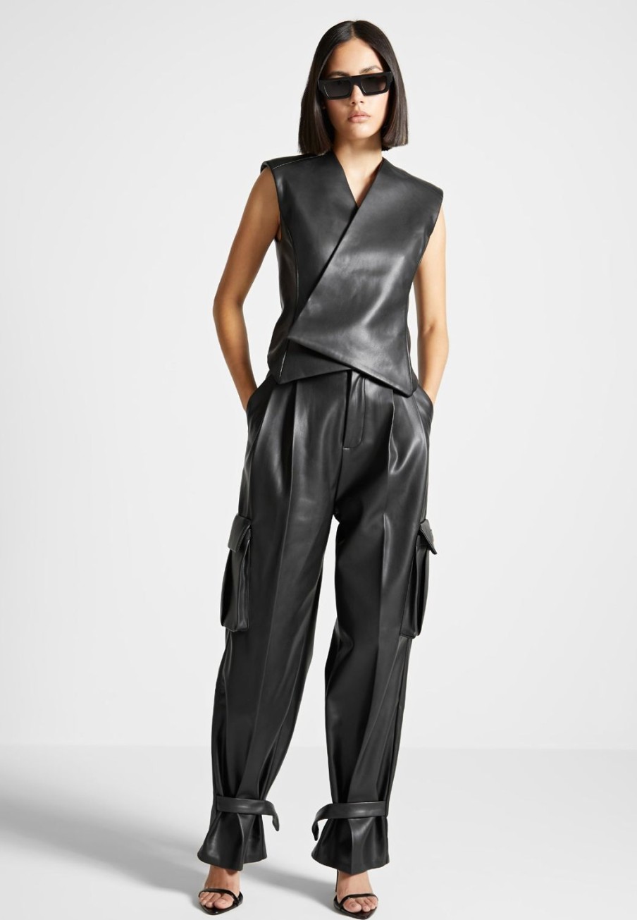 Maniere De Voir Vegan Leather Pleated Cargo Trousers | Trousers