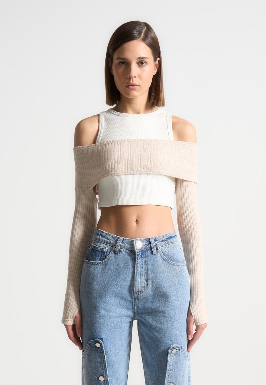 Maniere De Voir Crop Top With Knitted Overlay | Tops & T Shirts