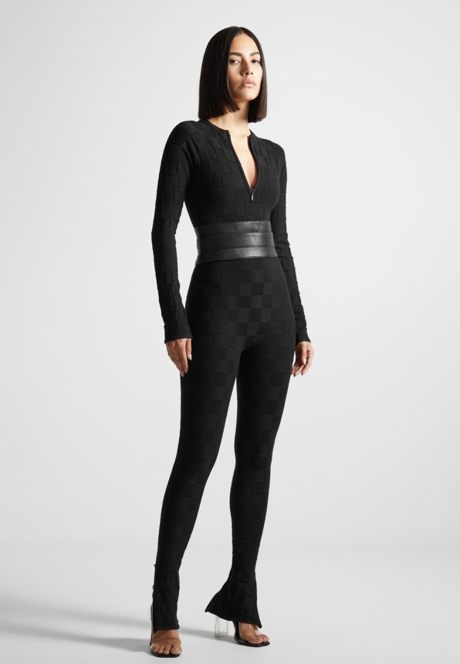 Maniere De Voir Chequerboard Knit Jumpsuit With Belt | Jumpsuits & Playsuits