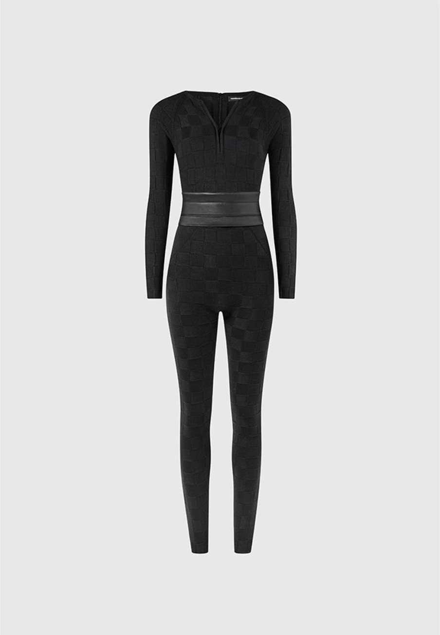 Maniere De Voir Chequerboard Knit Jumpsuit With Belt | Jumpsuits & Playsuits