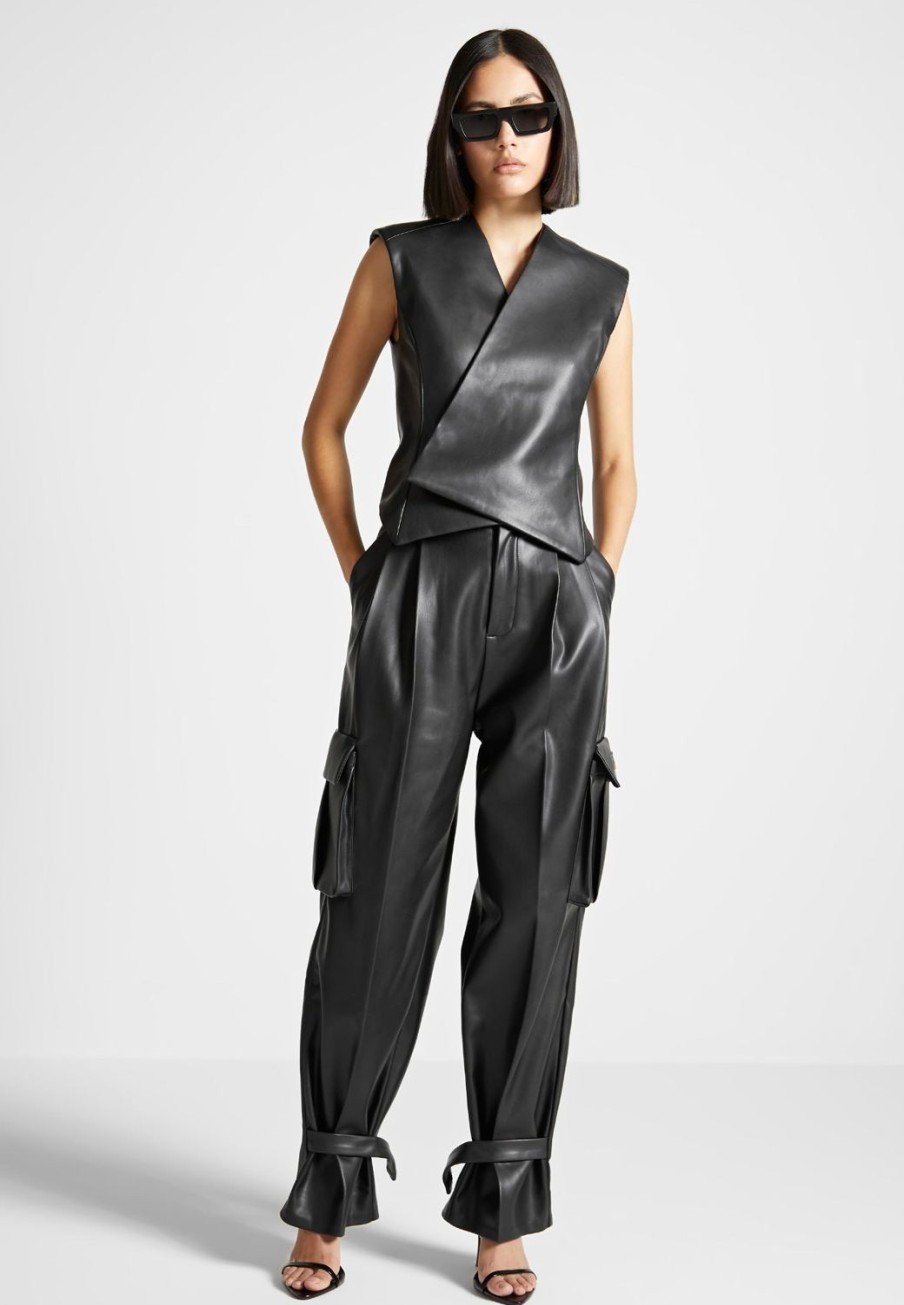 Maniere De Voir Vegan Leather Pleated Cargo Trousers | Matching Sets