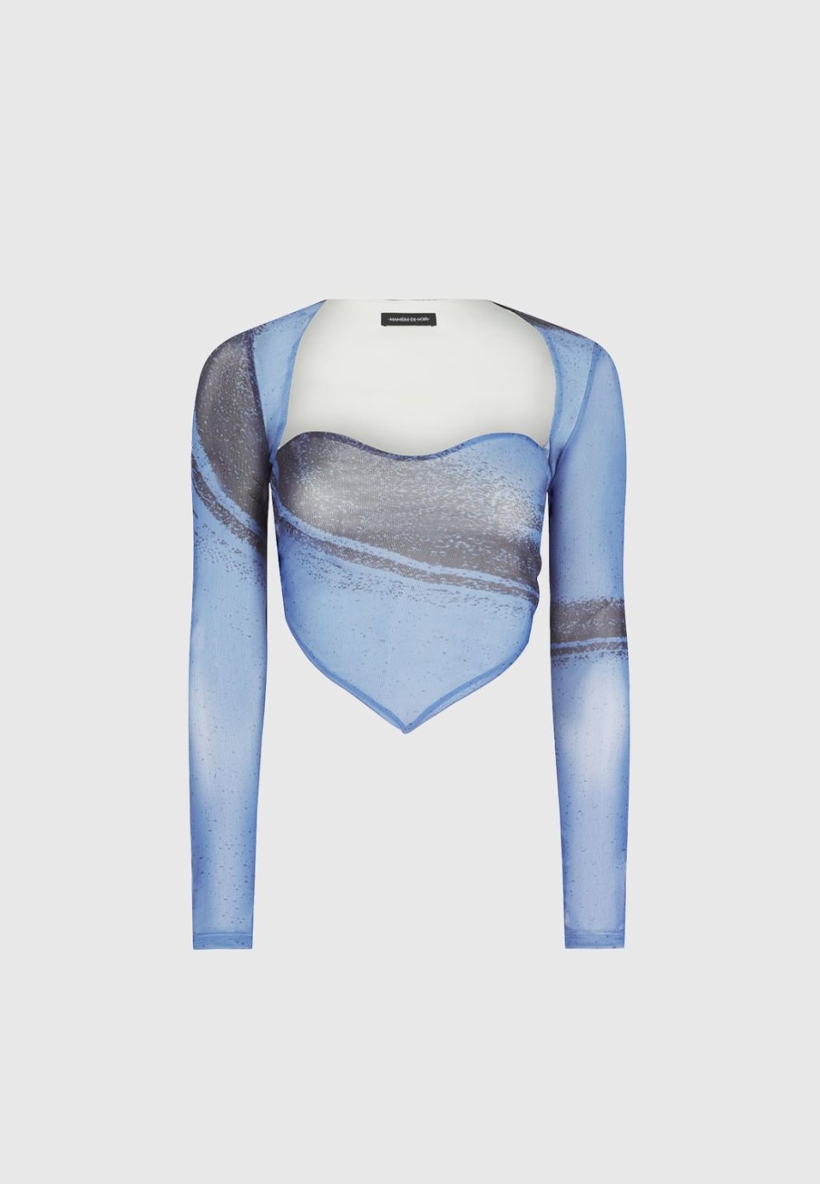 Maniere De Voir Mesh Printed Top With Sleeve Overlay - Blue | Matching Sets