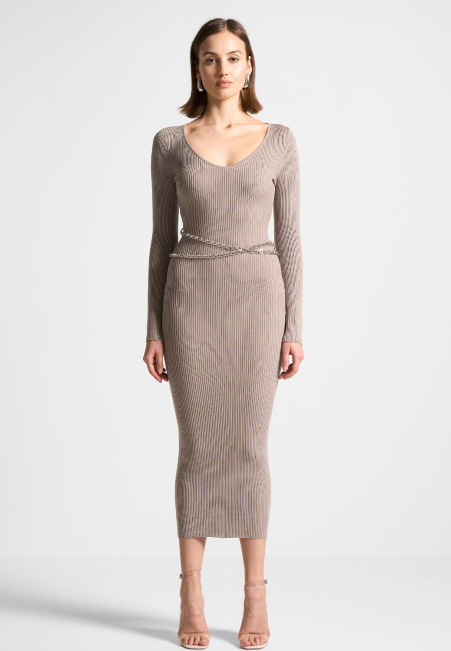 Maniere De Voir Ribbed Knit Midaxi Dress With Chain Belt | Dresses