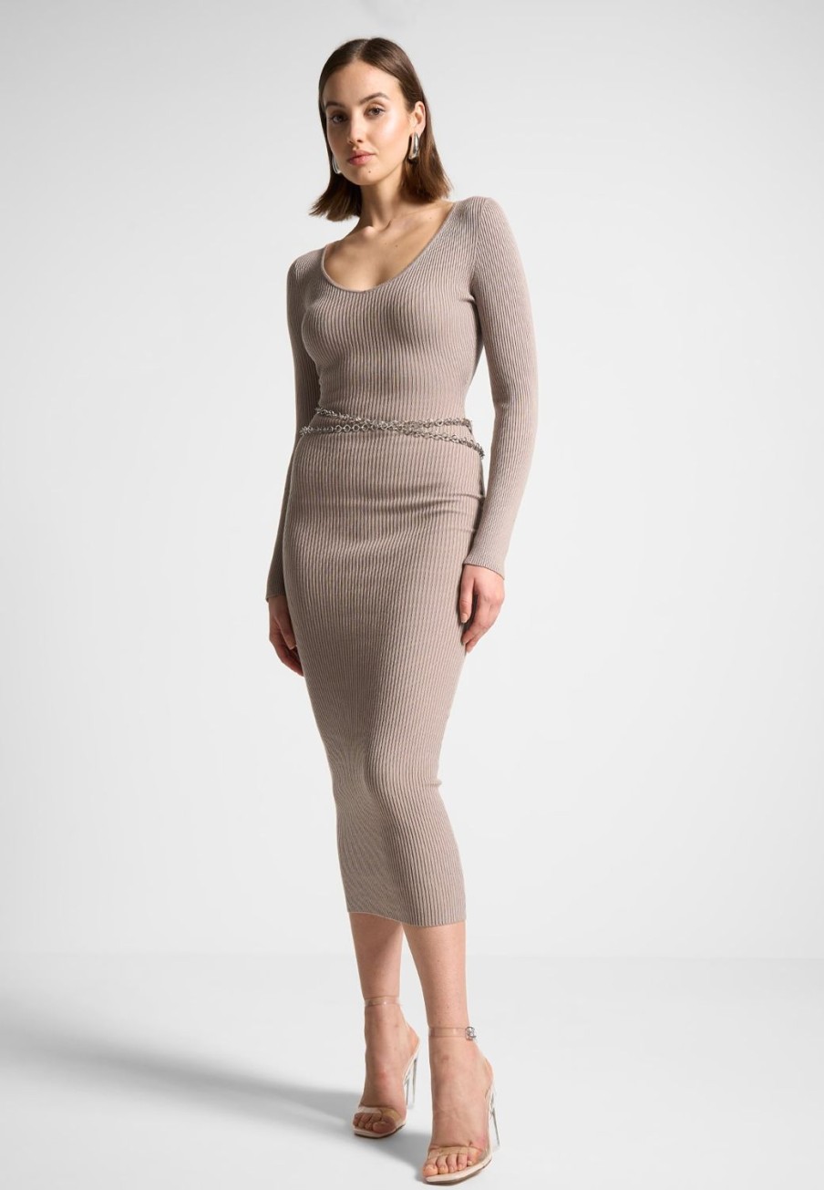 Maniere De Voir Ribbed Knit Midaxi Dress With Chain Belt | Dresses