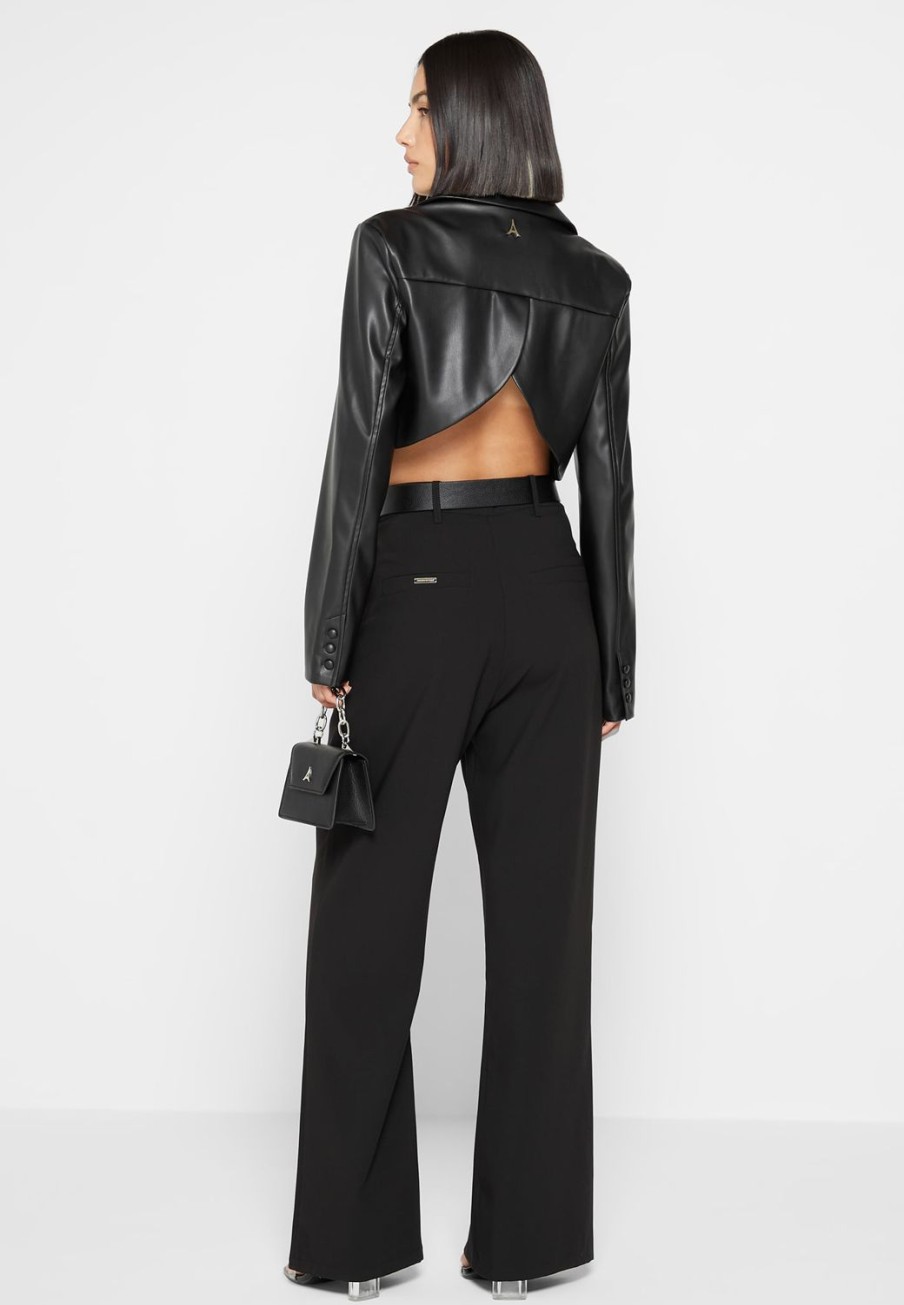 Maniere De Voir Cropped Vegan Leather Blazer With Open Back | Blazers & Waistcoats