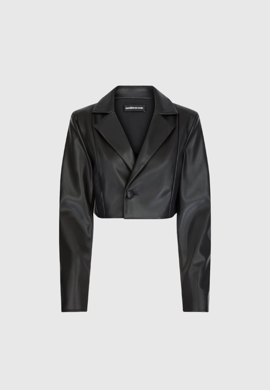 Maniere De Voir Cropped Vegan Leather Blazer With Open Back | Blazers & Waistcoats