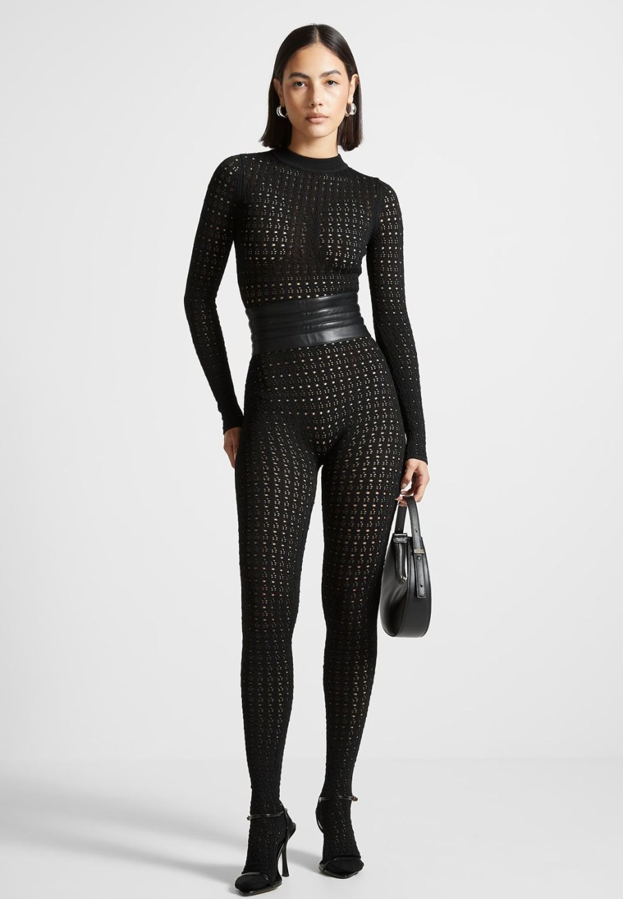 Maniere De Voir Pointelle Knit Long Sleeve Jumpsuit With Belt | Jumpsuits & Playsuits