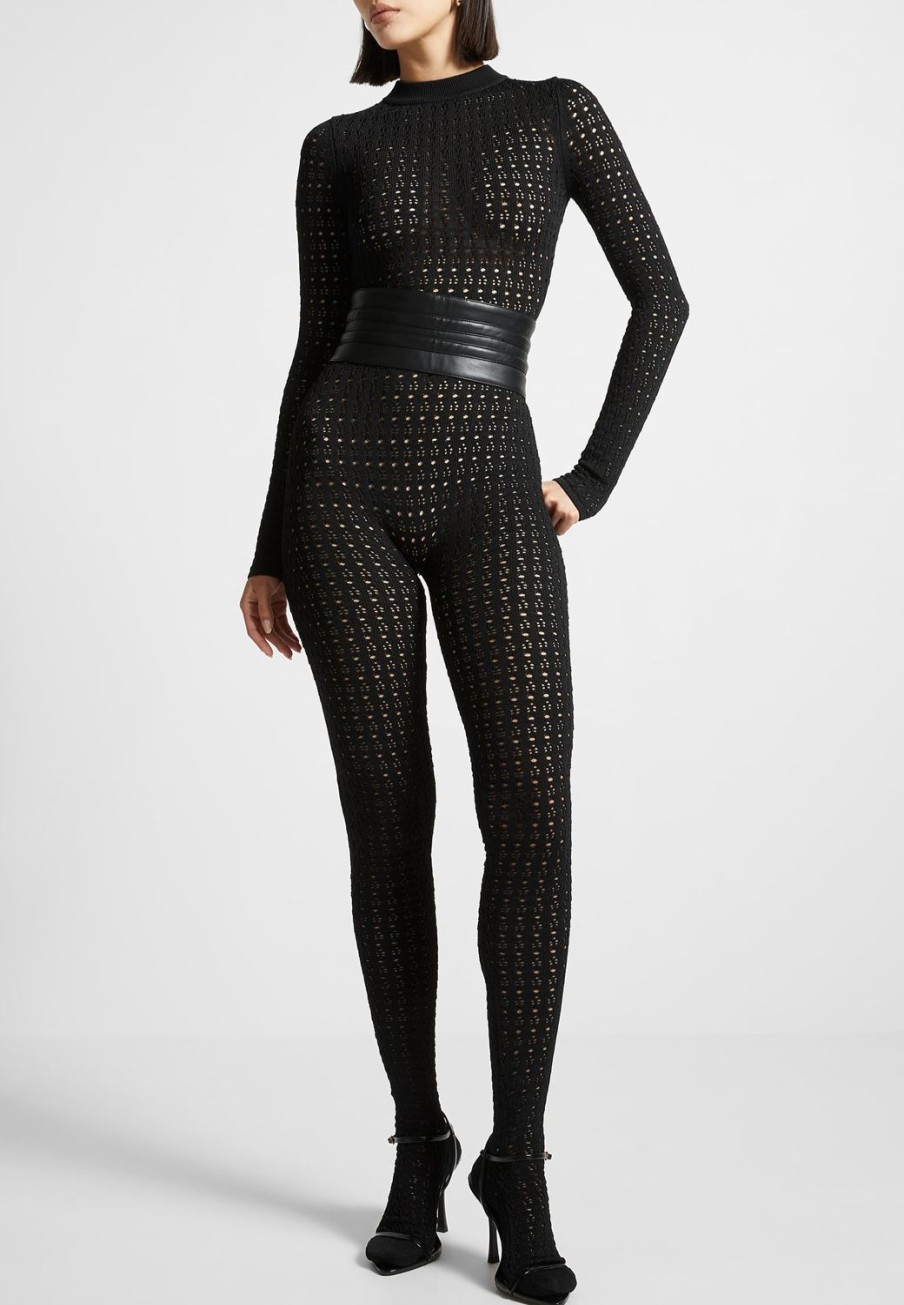 Maniere De Voir Pointelle Knit Long Sleeve Jumpsuit With Belt | Jumpsuits & Playsuits