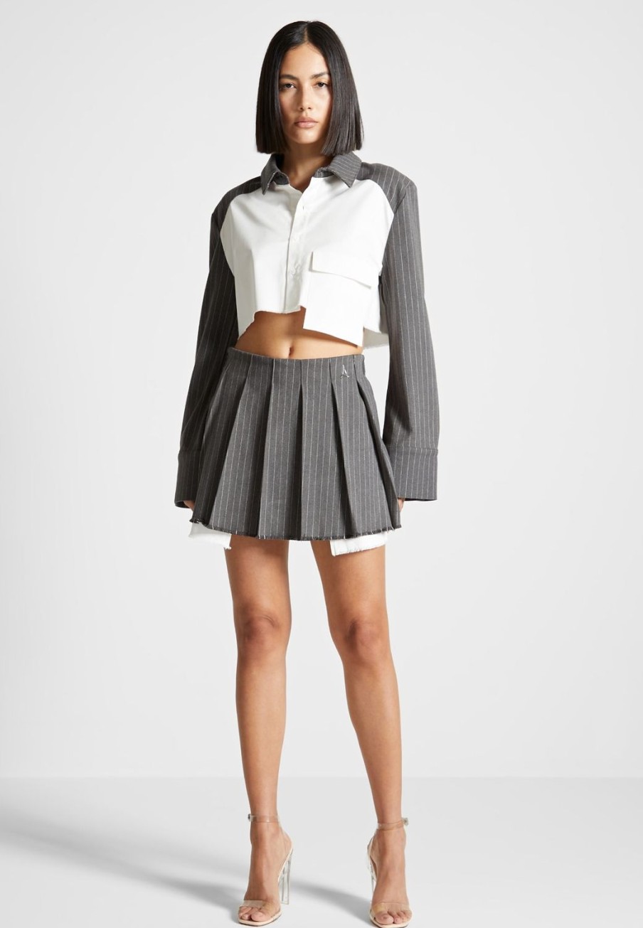 Maniere De Voir Pinstripe Pleated Skort - Grey Pinstripe | Matching Sets