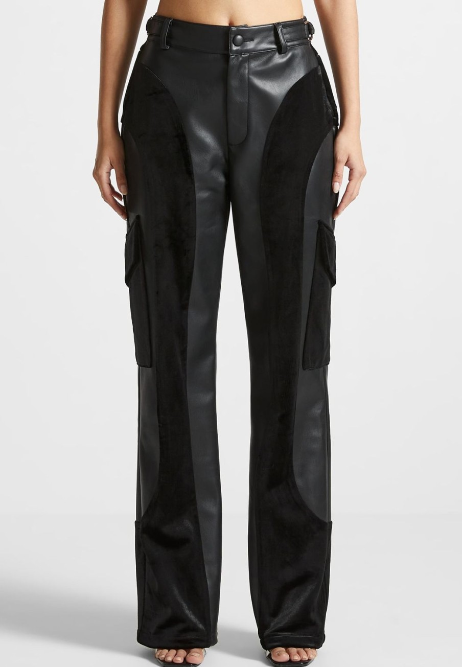 Maniere De Voir Vegan Leather And Velvet Cargo Pants | Cargo Pants & Joggers