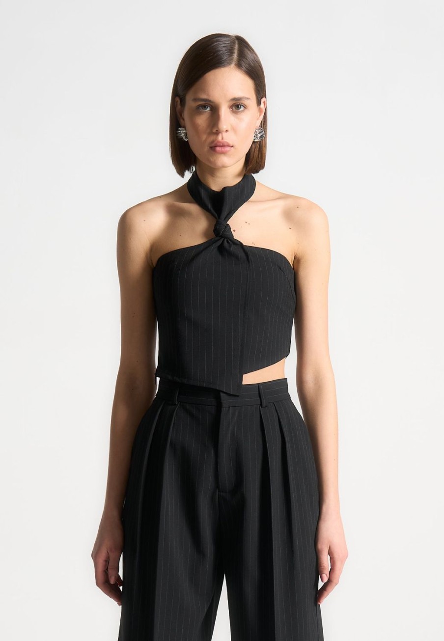 Maniere De Voir Pinstripe Tie Knot Halter Top | Tops & T Shirts