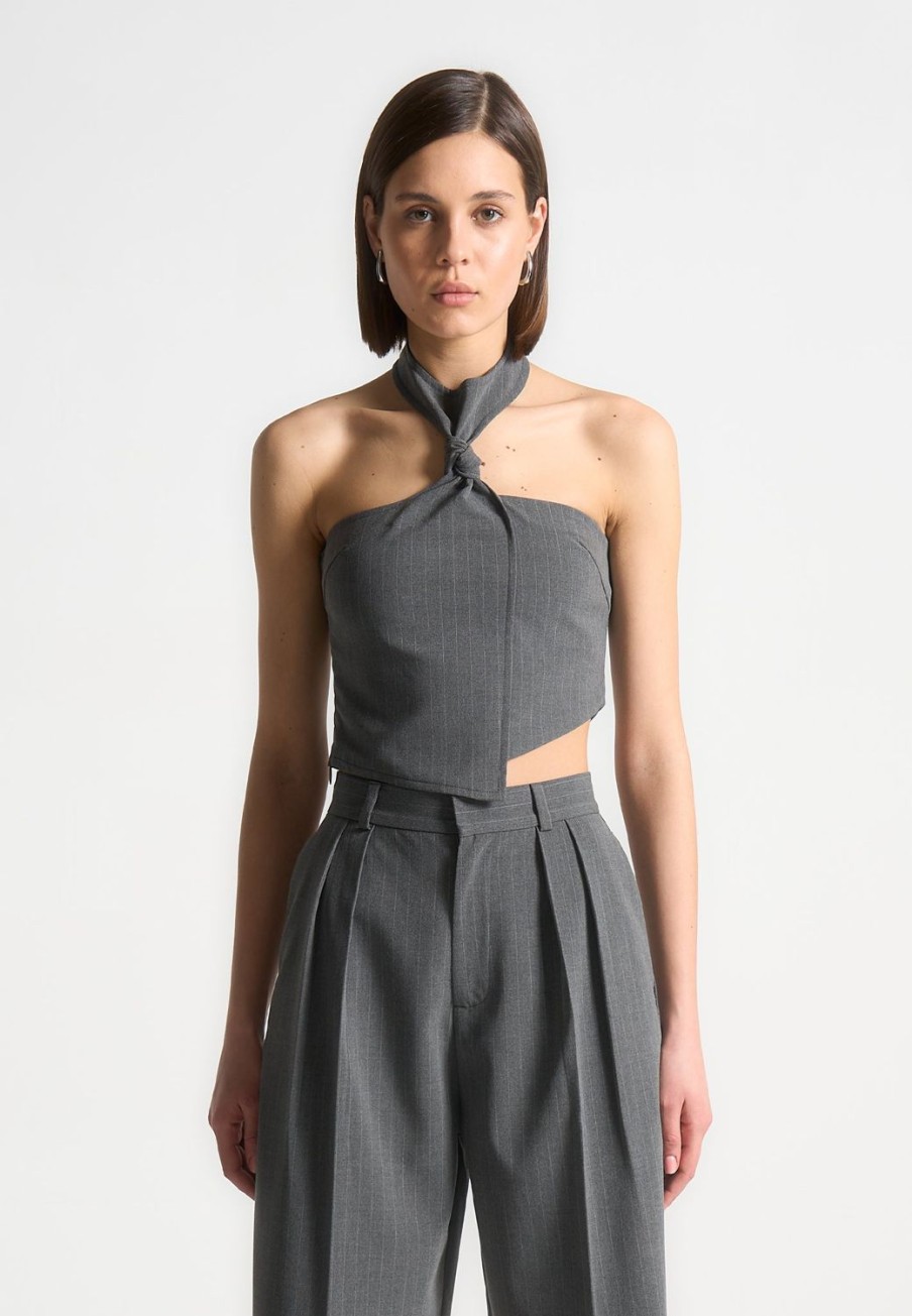 Maniere De Voir Pinstripe Tie Knot Halter Top | Tops & T Shirts