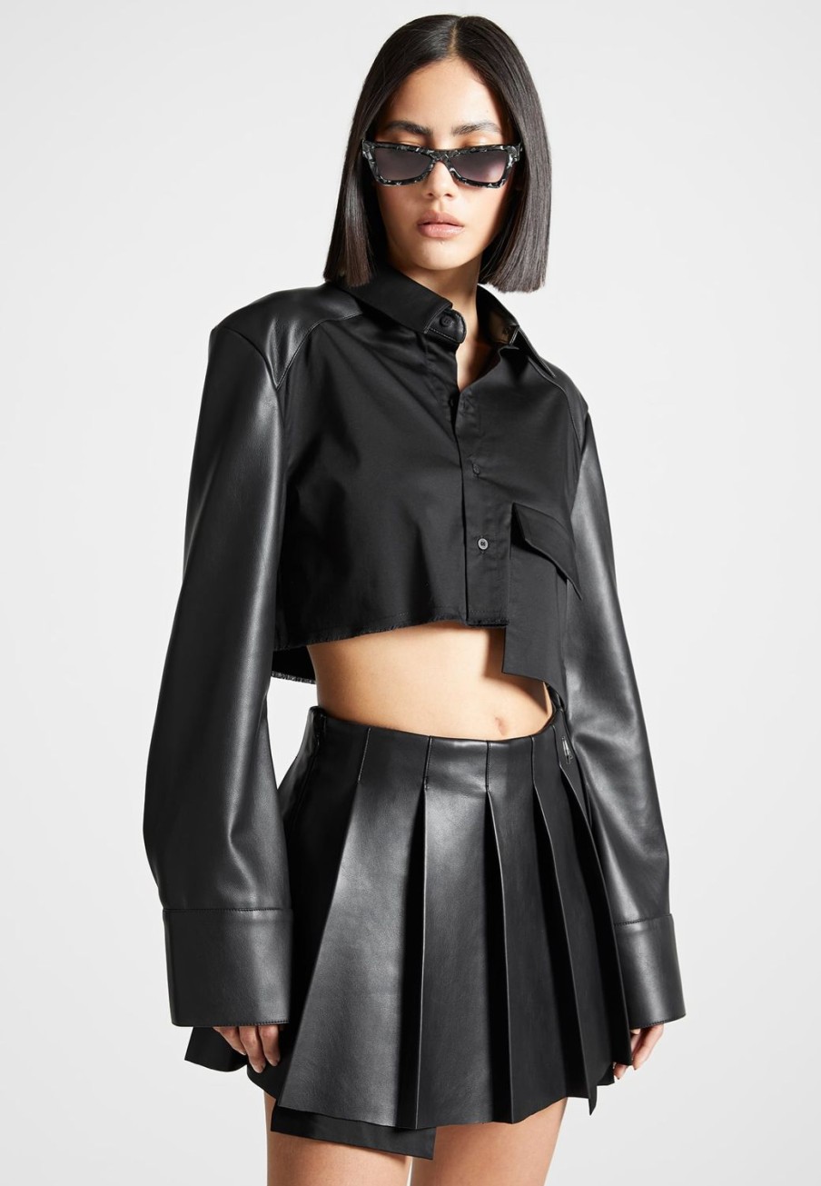 Maniere De Voir Vegan Leather Contrast Cropped Shirt | Matching Sets