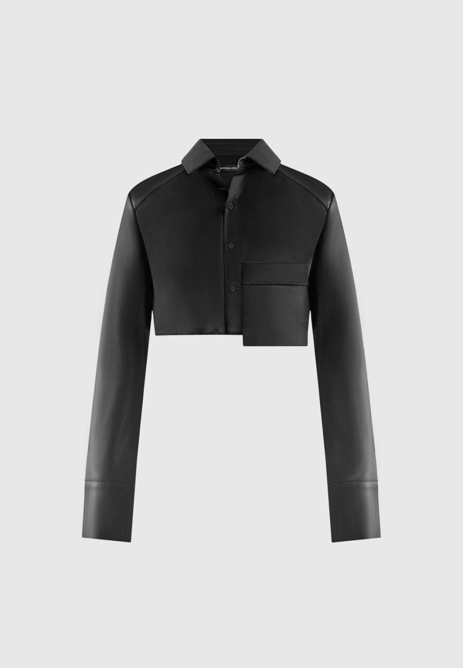 Maniere De Voir Vegan Leather Contrast Cropped Shirt | Matching Sets