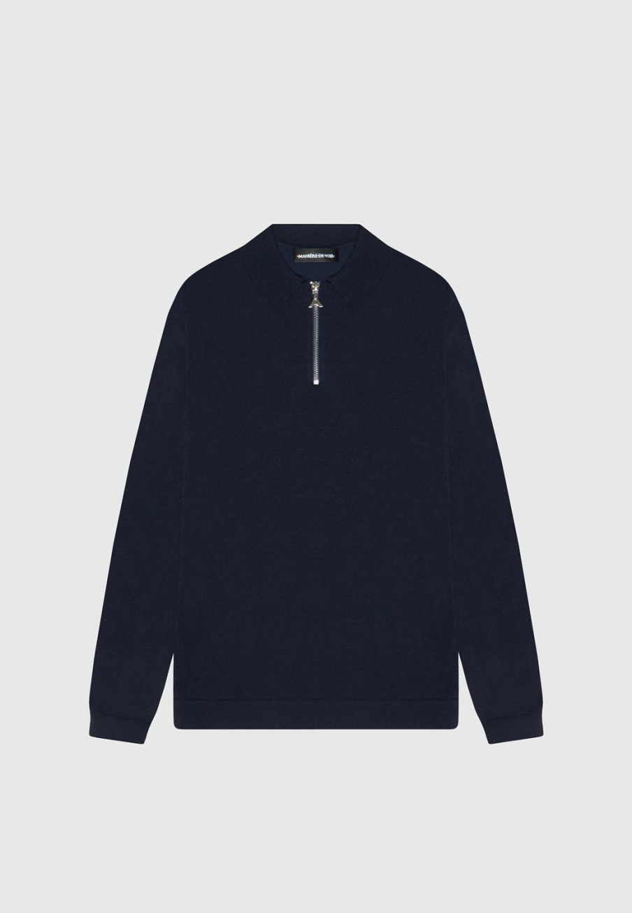 Maniere De Voir Merino Wool Long Sleeve Polo Top With Zip | Polo Tops