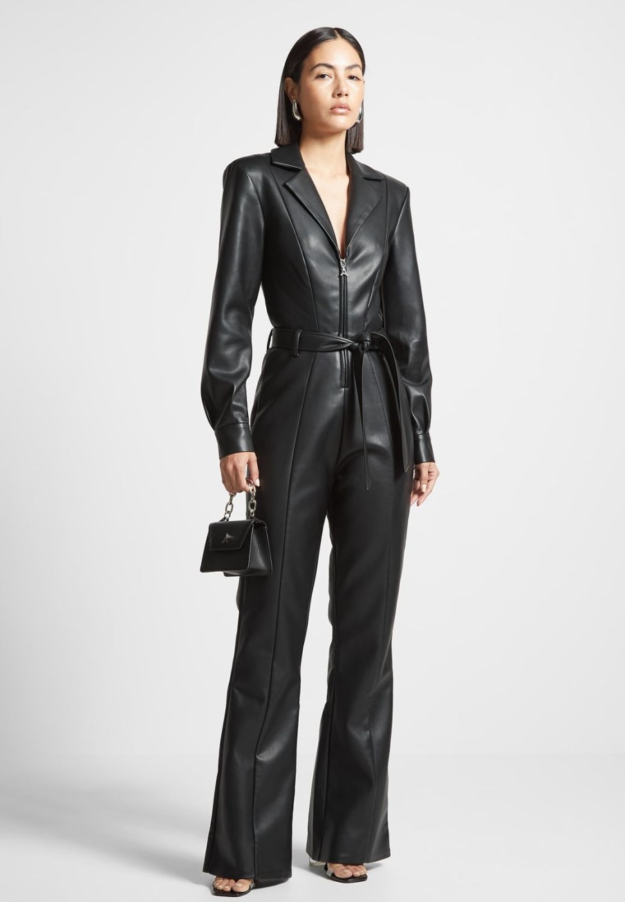 Maniere De Voir Vegan Leather Fit And Flare Belted Jumpsuit | Jumpsuits & Playsuits