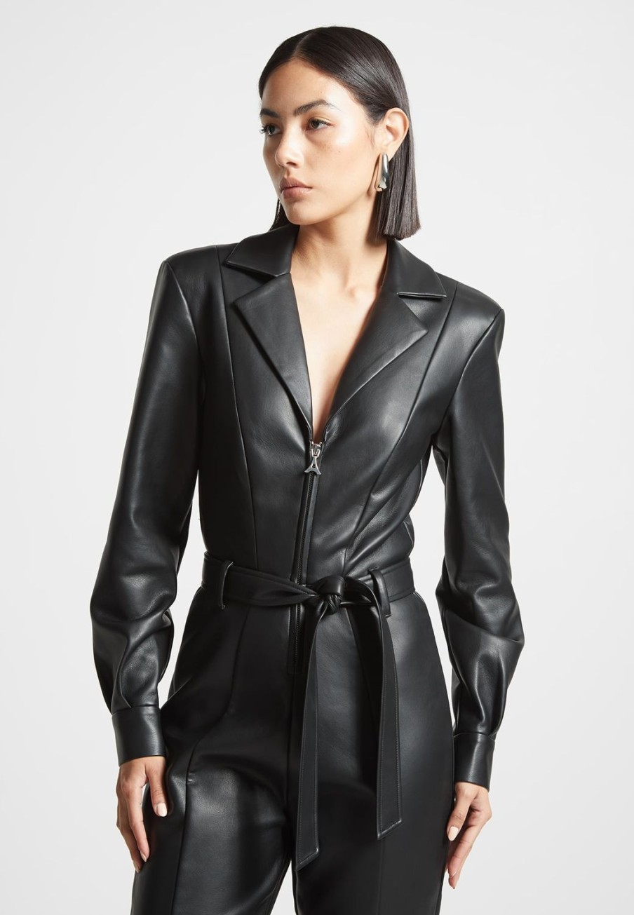 Maniere De Voir Vegan Leather Fit And Flare Belted Jumpsuit | Jumpsuits & Playsuits