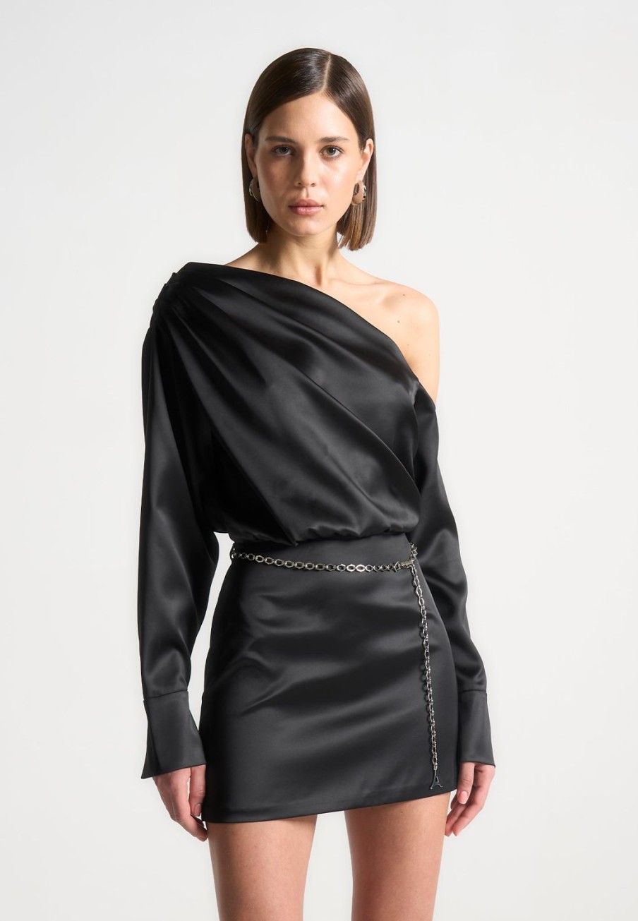 Maniere De Voir Off Shoulder Draped Satin Mini Dress With Belt | Dresses