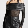 Maniere De Voir Mesh And Vegan Leather Bardot Bodysuit | Bodysuits