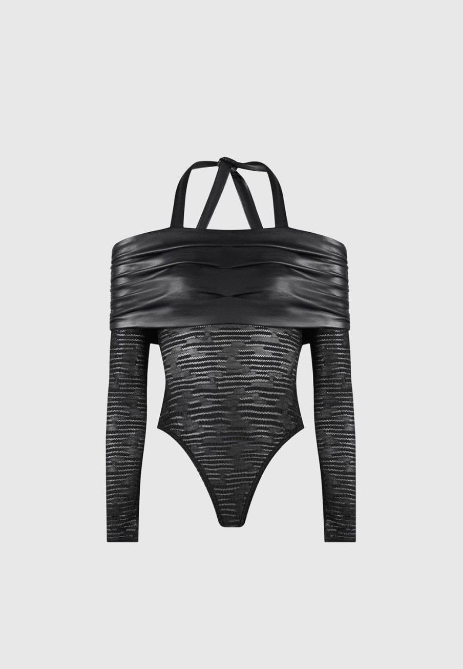 Maniere De Voir Mesh And Vegan Leather Bardot Bodysuit | Bodysuits