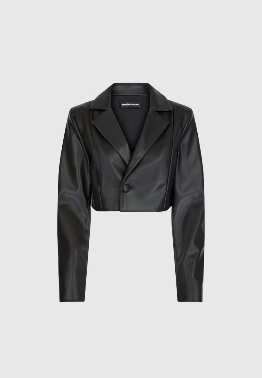 Maniere De Voir Cropped Vegan Leather Blazer With Open Back | Matching Sets