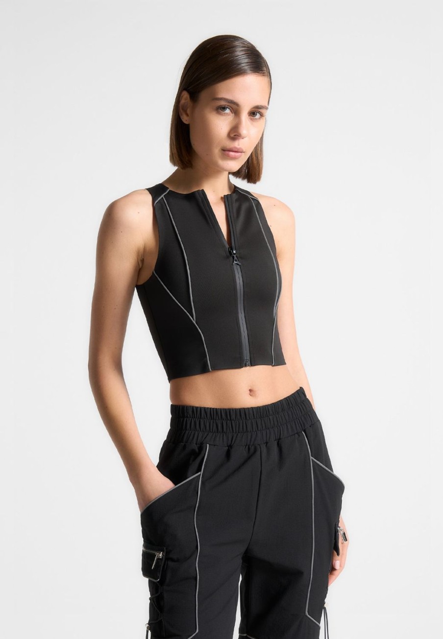 Maniere De Voir Reflective Piped Racer Crop Top | Tops & T Shirts