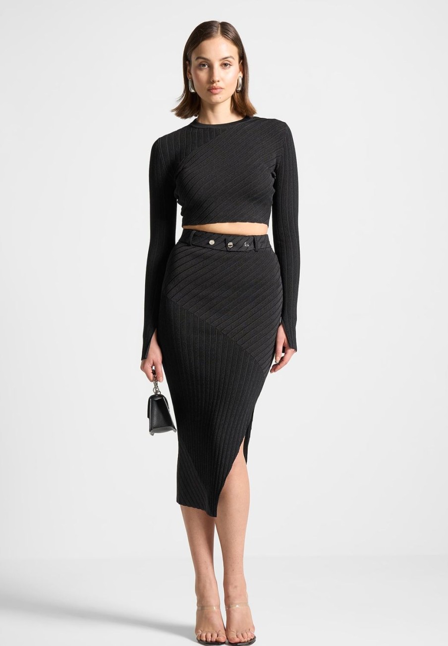 Maniere De Voir Two-Tone Ribbed Knit Midi Skirt With Belt | Matching Sets