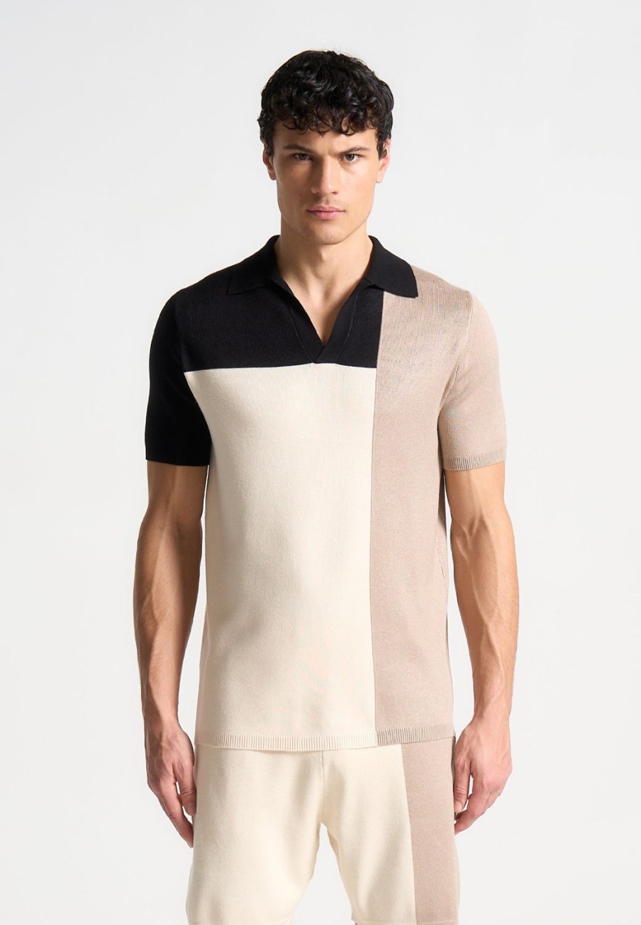 Maniere De Voir Colour Block Knit Revere Polo Top - Black/Beige | Short Sets