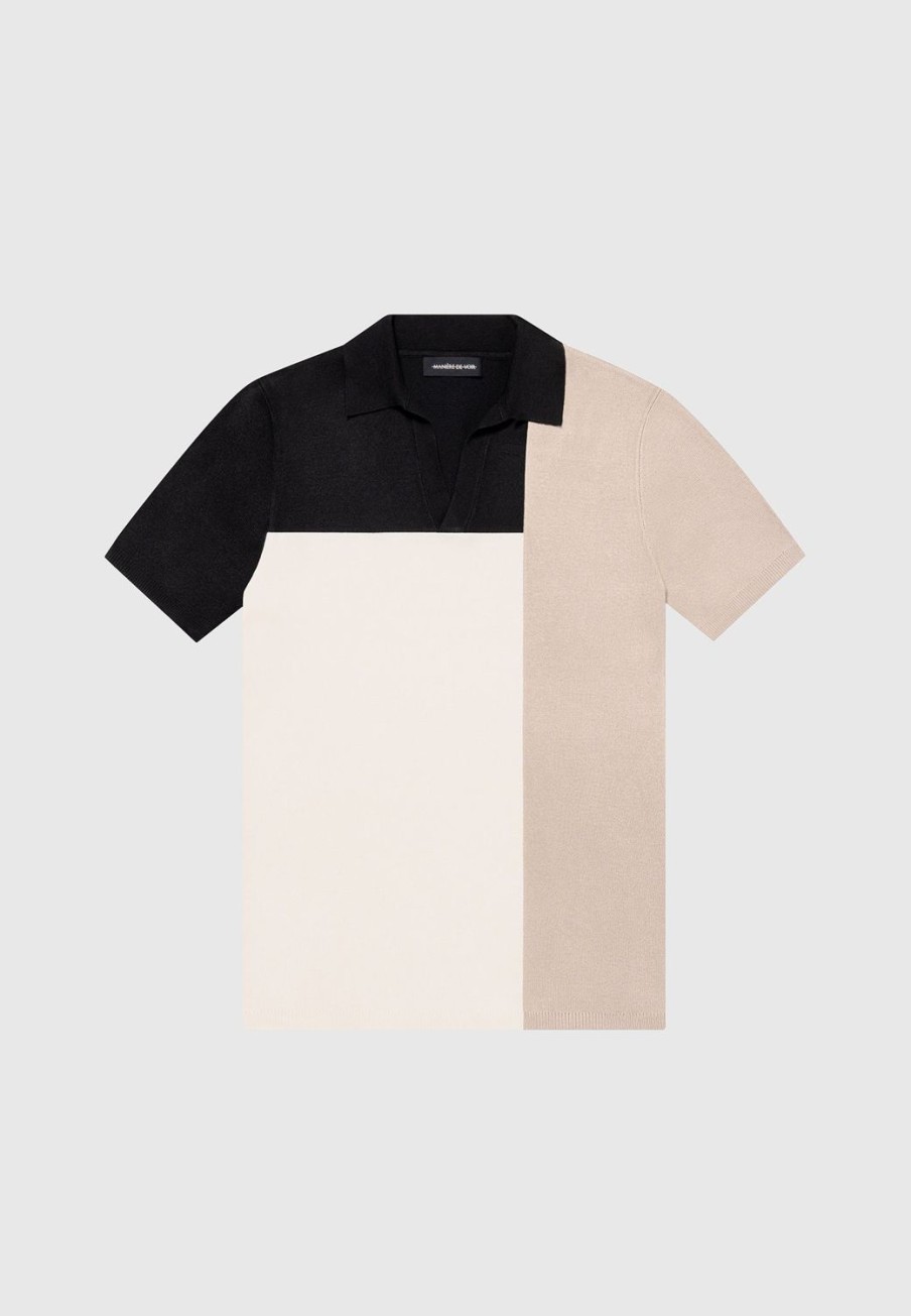 Maniere De Voir Colour Block Knit Revere Polo Top - Black/Beige | Short Sets